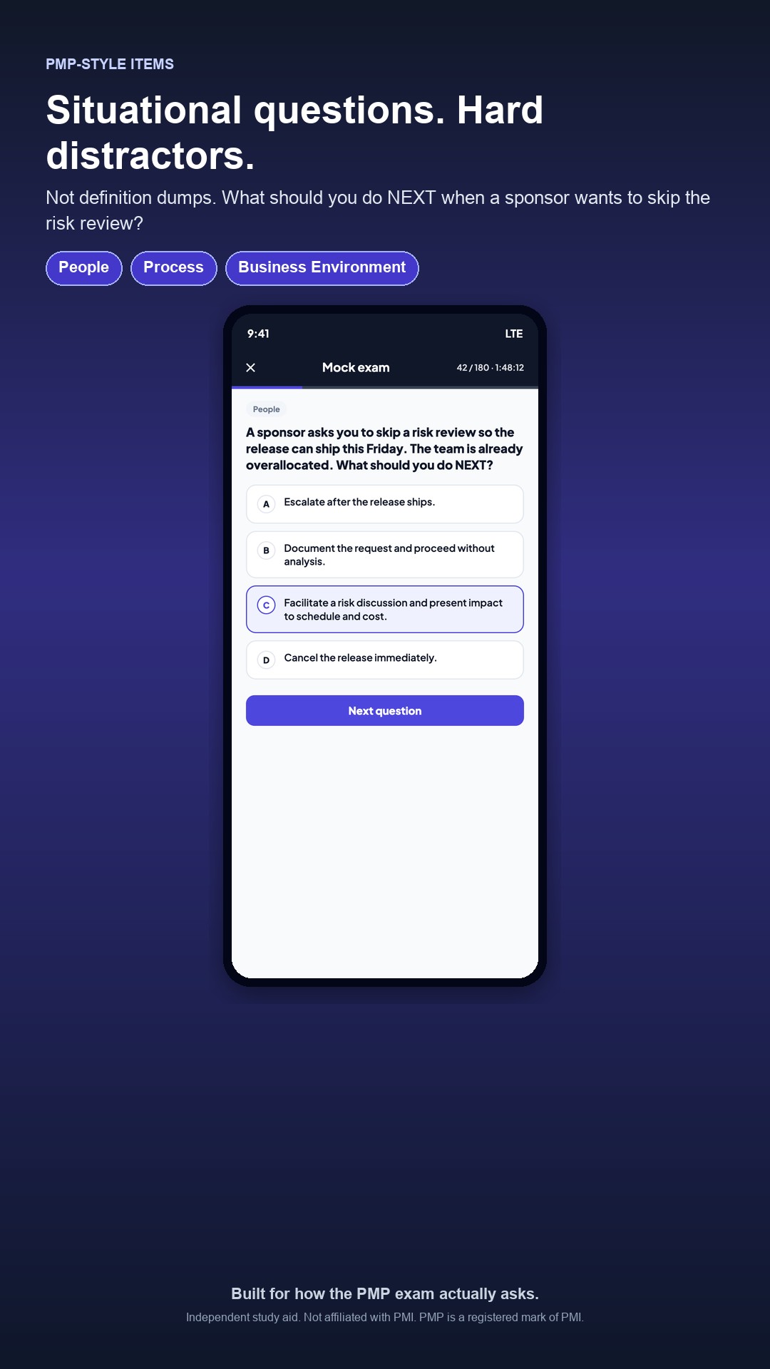 Situational PMP-style mock question in the app